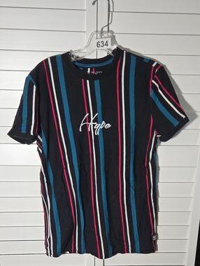 Hype Black Tee with Teal, White & Pink Stripes Size S